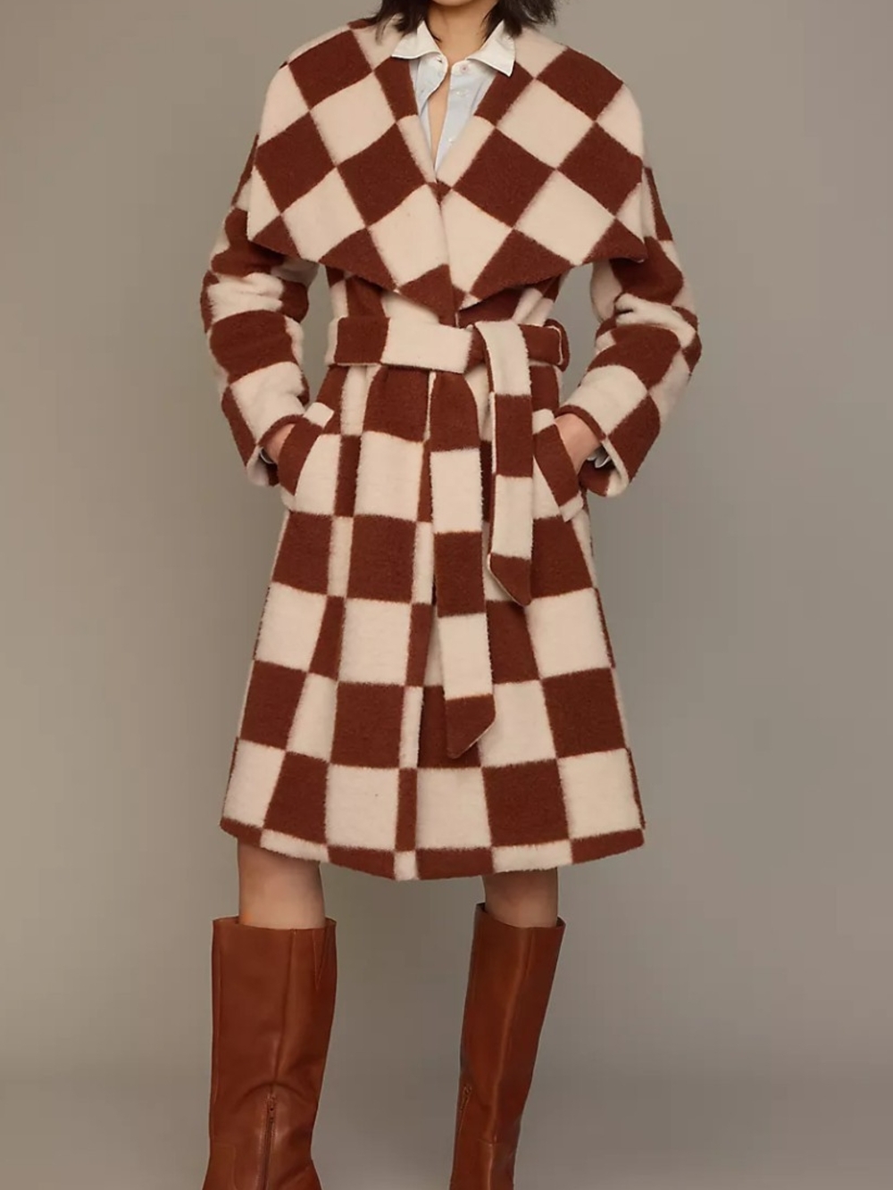 Hutch Brown & Cream Checked Belted Trench Coat